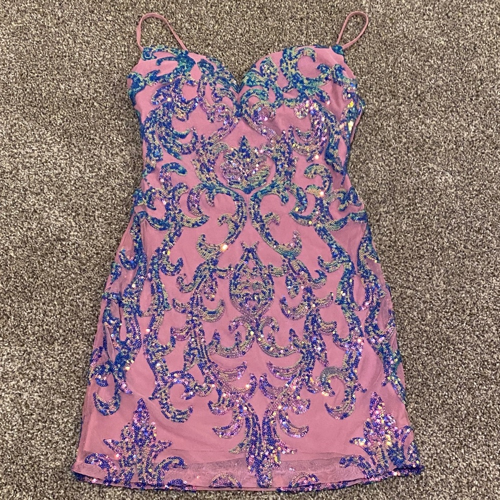 B Darlin Pink Dress with Blue Sequin Design